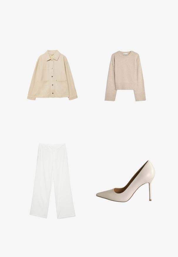 Veste en denim beige avec un col, fermeture boutonnée, deux poches à l'avant et des détails de couture visibles. Coupe décontractée, manches longues.; Pull en beige court en tricot doux. Présente un col rond, des manches longues et des bords-côtes aux poignets et à l'ourlet pour une texture supplémentaire.; Pantalons larges en tissu blanc, présentant une texture lisse, des poches avant et une taille classique avec passants de ceinture.; Escarpin en cuir blanc à talon haut avec un bout pointu et un détail découpé. Dispose d'un talon aiguille fin et d'une texture lisse, conçu pour les tenues formelles.