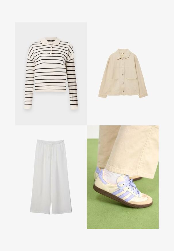 Giacca di jeans beige con colletto, chiusura con bottoni, due tasche frontali e dettagli di cucitura visibili. Vestibilità rilassata, maniche lunghe.; Polo a maniche lunghe color crema con strisce orizzontali nere, dotato di un colletto classico e chiusura a tre bottoni sullo scollo.; Pantaloni bianchi a gamba larga realizzati in tessuto leggero, dotati di una vita elastica e di un cordino per una vestibilità regolabile. Texture liscia.; Sneakers crema e lavanda con tre strisce e suola marrone texturizzata, dotati di lacci e tallone imbottito. Parte superiore in tessuto morbido.