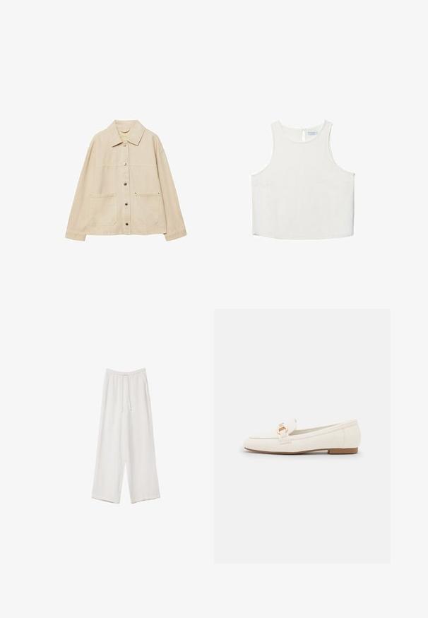 Beige džínová bunda s límečkem, zapínáním na knoflíky, dvěma předními kapsami a viditelnými švy. Uvolněný střih, dlouhé rukávy.; Bílý bezrukávový top s kulatým výstřihem, který má jemnou texturu, detaily v oblasti zad ve tvaru klíčové dírky a rovný lem.; Bílé široké kalhoty vyrobené z lehké tkaniny. Mají elastický pas se šňůrkou a boční kapsy. Hladká textura.; Bílé kožené loafers s plochou podrážkou, zdobené zlatým sponkovým detailem a hladkým povrchem. Klasický design s jednoduchými liniemi.