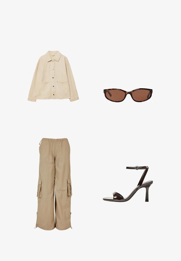 Beige denim jack met een kraag, knoopsluiting, twee voorzakken en zichtbare stiksels. Ontspannen pasvorm, lange mouwen.; Witte mouwloze top met een ronde halslijn, voorzien van een subtiele textuur, een sleutelgatenrugdetail en een rechte zoom.; Beige cargobroek met een elastische tailleband, twee zijzakken en netaccenten; gemaakt van lichtgewicht, gestructureerde stof.; Bruine gepatenteerde lederen sandaal met hoge hak, enkelbandje, open teen, en een strak, minimalistisch ontwerp. Voorzien van een vierkante hak.; Schildpad zonnebril met bruine lenzen, slank ovaal ontwerp en glanzende afwerking. Bevat subtiele zilveren accenten op de monturen.