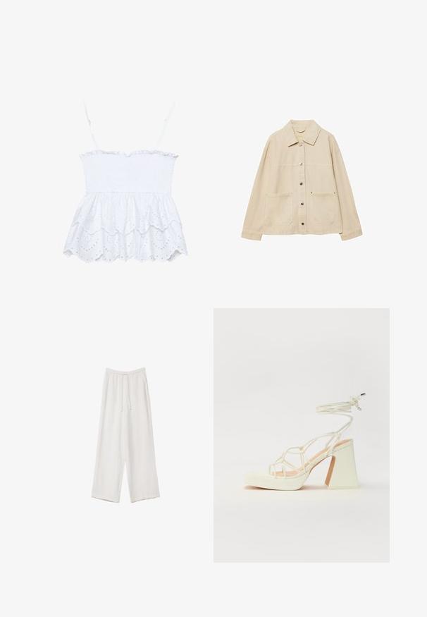 Bežna denim jakna z ovratnikom, gumbnim zapiranjem, dvema sprednjima žepoma in vidno šivanjem. Ohlapen kroj, dolgi rokavi.; Bela brezrokavna majica s smokanjem na telesu, volanastim robom in podrobnostmi iz čipke s očesi, ki se ponaša z teksturirano, zračnostjo prijazno tkanino ter izrezljanimi cvetličnimi vzorci.; Bele široke hlače iz lahkega materiala. Imajo elastičen pas s vrvico in stranske žepe. Gladka tekstura.; Bela sandala na visokih petah s debelim petam, ki ima obliko trakcev in vezanje okoli gležnja. Gladka tekstura z platformo spredaj za dodatno višino.