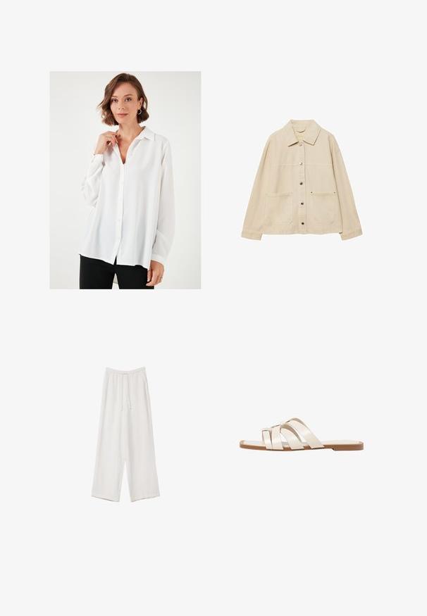 Giacca di jeans beige con colletto, chiusura con bottoni, due tasche frontali e dettagli di cucitura visibili. Vestibilità rilassata, maniche lunghe.; Donna con capelli corti e mossi, che indossa orecchini a cerchio dorati e una camicia bianca a bottoni larga abbinata a pantaloni neri, in piedi su uno sfondo bianco.; Pantaloni a gamba larga bianchi realizzati in un tessuto leggero. Presentano una vita elastica con cordoncino e tasche laterali. Texture liscia.; Infradito con suola in gomma color talpa, progettate con tre cinturini in pelle bianca sovrapposti e un piccolo dettaglio a fiocco al centro.