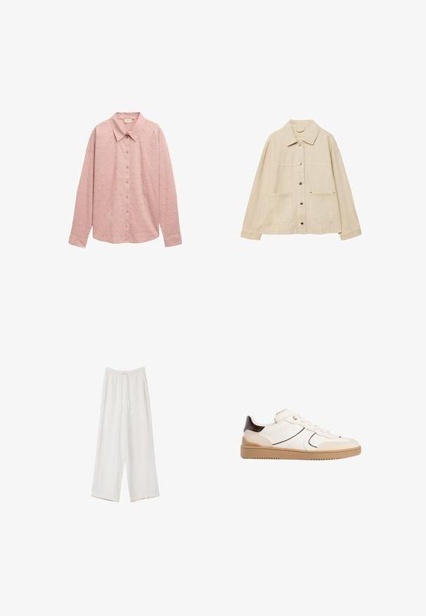 Giacca di jeans beige con colletto, chiusura con bottoni, due tasche frontali e dettagli di cucitura visibili. Vestibilità rilassata, maniche lunghe.; Camicetta a maniche lunghe di colore rosa chiaro, con colletto e motivo a pois testurizzati. Realizzata in tessuto morbido con maniche strutturate.; Pantaloni a gamba larga bianchi realizzati in un tessuto leggero. Presentano una vita elastica con cordoncino e tasche laterali. Texture liscia.; Stradivarius Sneakers basse - white