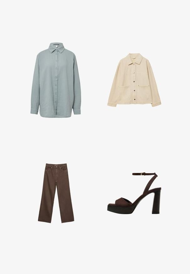 Beige denim jack met een kraag, knoopsluiting, twee voorzakken en zichtbare stiksels. Ontspannen pasvorm, lange mouwen.; Lichtblauwe overhemd met lange mouwen en knopen. Gemaakt van zachte, gestructureerde stof met een standaardkraag, voorzien van een knoopsluiting aan de voorkant en manchetmouwen.; Brede bruine spijkerbroek van denim, met een hoge taille, voorzakken en een klassieke knoopsluiting. Soepele textuur met subtiele stiksels.; Bruine suède high-heeled sandaal met een open teen, verstelbare enkelband en een gestreepte plateauzool.