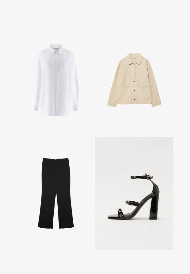 Giacca di jeans beige con colletto, chiusura con bottoni, due tasche frontali e dettagli di cucitura visibili. Vestibilità rilassata, maniche lunghe.; Camicia bianca a maniche lunghe con colletto, chiusura frontale a bottoni, taschino sul petto e una texture del tessuto liscia.; Pantaloni neri a gamba dritta, con tasche frontali e spacchi laterali all'orlo. Realizzati in tessuto morbido e liscio. Adatti a diverse occasioni.; Sandali con tacco in vernice nera, con punta squadrata, cinturini alla caviglia e fibbie in argento. Presentano un tacco a blocco spesso per maggiore stabilità.