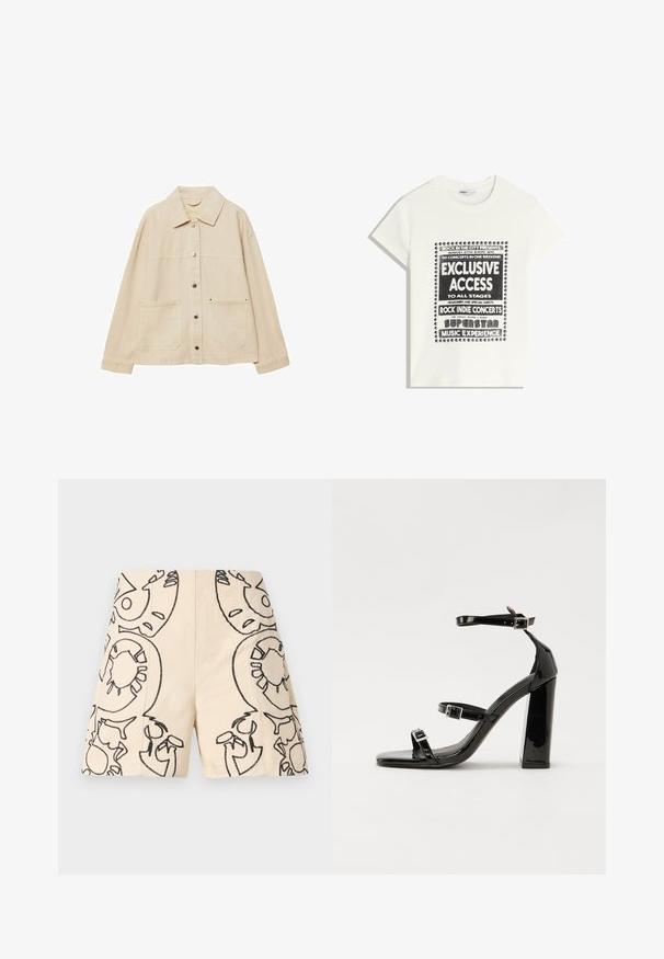 Beige Jeansjacke mit Kragen, Knopfverschluss, zwei Fronttaschen und sichtbaren Nähten. Entspannt geschnitten, mit langen Ärmeln.; Weißes T-Shirt mit schwarzem Text zur Bewerbung eines Musikevents, mit den Aufdrucken "Exklusiver Zugang", "Rock Indie Konzerte" und "Superstar Musikerlebnis."; Beige Shorts mit schwarzen gestickten Designs, die abstrakte Formen mit Umrissen zeigen. Hergestellt aus einem leichten Stoff, der einen lässigen Stil bietet.; Schwarze patentierte Sandalen mit Absatz, quadratischer Spitze, Knöchelriemen und silbernen Schnallen. Mit einem stabilen Blockabsatz für mehr Stabilität.