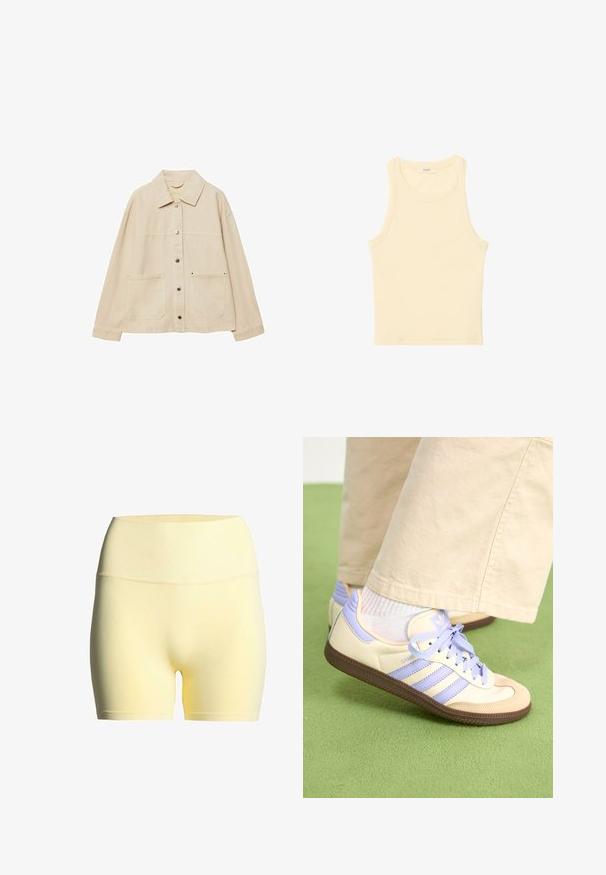 Bež traper jakna s izrezanom ovratnikom, zatvaranjem na gumbi, dva prednja džepa i vidljivim detaljima šivanja. Opusti fit, duži rukavi.; Svijetložuti, bezrukavni top od rebrastog materijala. Ima okrugli izrez i ravno krojenje, bez vidljivih uzoraka ili ukrasa.; Žute platnene kratke hlače s rebrastim pojasom, s glatkom teksturom i dizajnom srednje dužine, prikladne za aktivno odijevanje ili ležerno nošenje.; Kremasto-ljubičaste tenisice s tri pruge i strukturiranim smeškim potplatom, s vezicama i podstavljenim petom. Mekana gornja tkanina.