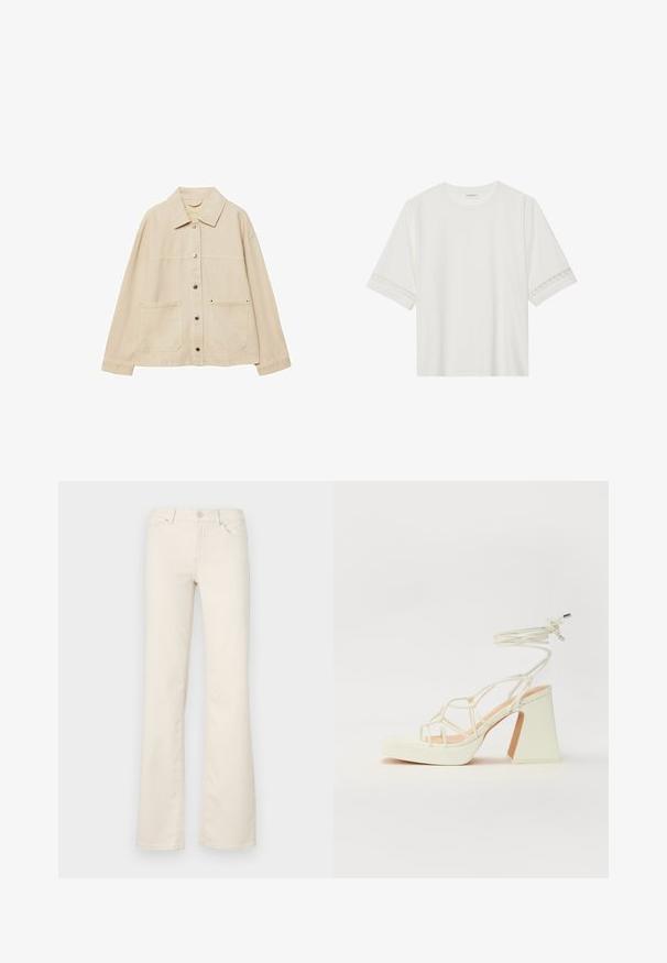 Beige denim jack met een kraag, knoopsluiting, twee voorzakken en zichtbare stiksels. Ontspannen pasvorm, lange mouwen.; Witte korte mouwen t-shirt van katoen, met een decoratieve kantafwerking langs de mouwen en een ronde halslijn.; Beige flared broeken van een katoenmix, met standaardzakken, een knoopsluiting aan de voorkant en stikdetails langs de naden.; Witte hoge hakken sandaal met een chunky hak, met een bandjesontwerp en enkelband. Gladde textuur met een plateau voor extra hoogte.
