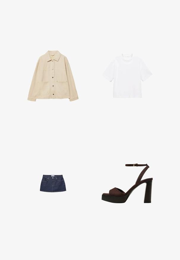 Giacca di jeans beige con colletto, chiusura con bottoni, due tasche frontali e dettagli di cucitura visibili. Vestibilità rilassata, maniche lunghe.; T-shirt bianca in cotone a maniche corte con scollatura rotonda. Design semplice, vestibilità ampia, texture liscia. Nessun motivo o accento visibile.; Gonna mini in denim blu scuro con vita aderente, tasche frontali e chiusura con bottone metallico. Texture liscia e taglio classico.; Sandal in camoscio marrone con tacco alto, punta aperta, cinturino alla caviglia regolabile e suola a piattaforma striata.