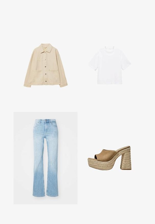 Beige džínová bunda s límečkem, zapínáním na knoflíky, dvěma předními kapsami a viditelnými švy. Uvolněný střih, dlouhé rukávy.; Bílý bavlněný tričko s krátkým rukávem a kulatým výstřihem. Jednoduchý design, volný střih, hladká textura. Žádné vzory ani zvýraznění nejsou viditelné.; Světle modré rozšířené džíny vyrobené z denimu. Vysoký pas, pět kapes a poutka na opasek. Efekt zesvětlení od stehna po lem. Hladká, středně těžká textura.; Hnědé semišové platformové muly s otevřenou špičkou, vybavené masivním opleteným juteovým podpatkem a hladkým zaobleným designem horní části.