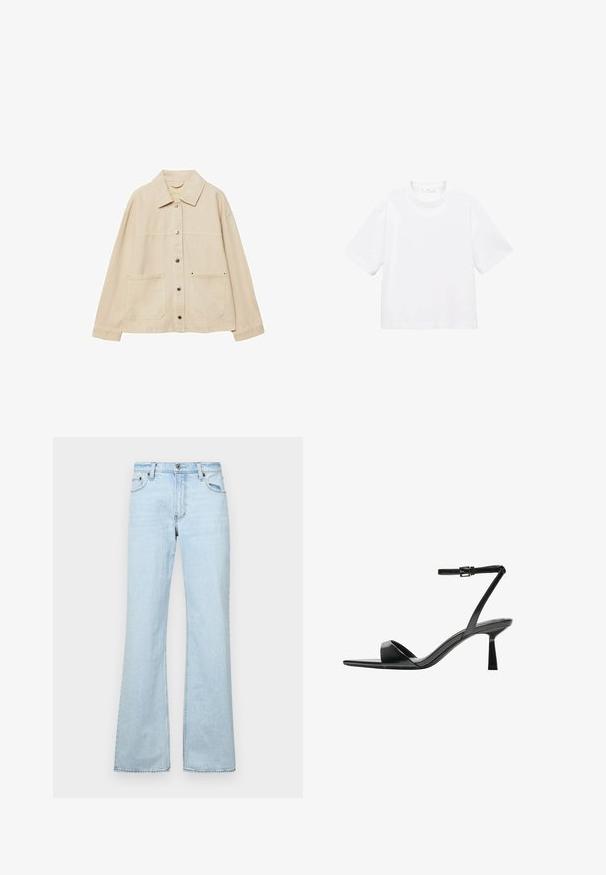 Bežna denim jakna z ovratnikom, gumbnim zapiranjem, dvema sprednjima žepoma in vidno šivanjem. Ohlapen kroj, dolgi rokavi.; Bela bombažna majica s kratkimi rokavi in okroglo ovratnikom. Preprost dizajn, ohlapen kroj, gladka tekstura. Brez vzorcev ali vidnih poudarkov.; Svetlo modri zvonasti džins, izdelan iz denima, z petimi žepe, sprednjim gumbom in okrasnimi šivi. Gladka tekstura, sproščen dizajn.; Bershka Sandali z visoko peto - black