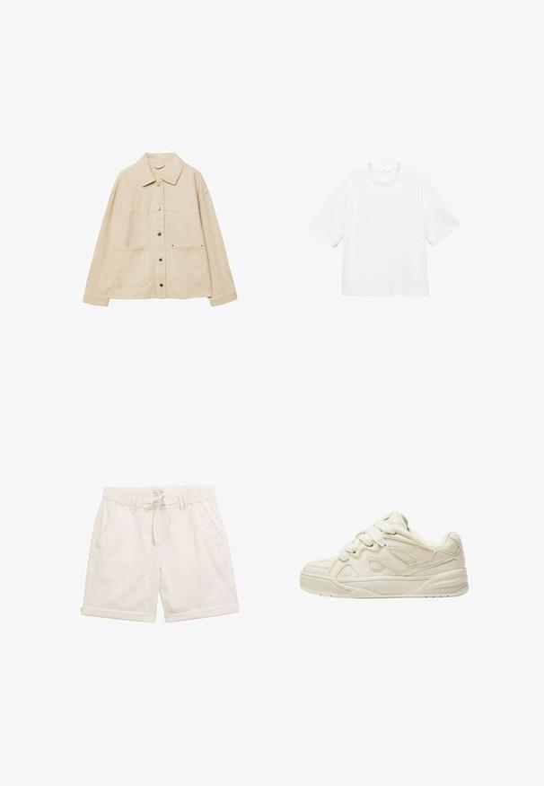 Beige Jeansjacke mit Kragen, Knopfverschluss, zwei Fronttaschen und sichtbaren Nähten. Entspannt geschnitten, mit langen Ärmeln.; Weißes Baumwoll-T-Shirt mit kurzen Ärmeln und rundem Ausschnitt. Einfaches Design, lockere Passform, glatte Textur. Keine Muster oder Verzierungen sichtbar.; Helle beige Shorts aus Baumwolle, mit einem elastischen Bund, vorderen Taschen und umgeschlagenen Säumen. Einfacher, strukturiert Stoff und Zugbandverschluss.; Beige Sneaker mit strukturiertem Obermaterial, ausgeprägten Schnürsenkeln, Netzpaneelen und einer dicken Sohle. Kurviges Design mit gepolstertem Kragen für zusätzlichen Komfort.