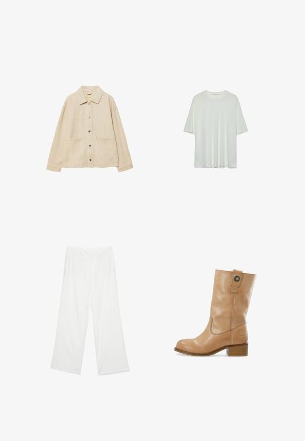 Beig denimjacka med krage, knäppning fram, två framfickor och synliga sömdetaljer. Avslappnad passform, långa ärmar.; Vit t-shirt med kort ärm, rund halsringning, mjukt bomullsblandat tyg, avslappnad passform, sömlig fåll, minimalistisk design utan utsmyckningar.; Breda byxor i vitt material, med en slät yta, framfickor och en klassisk midja med bälteshål.; Läderankelsko i brunt med rund tå, låg klack, sidostygn och en tryckknappsdetalj vid skaftet. Slät yta.