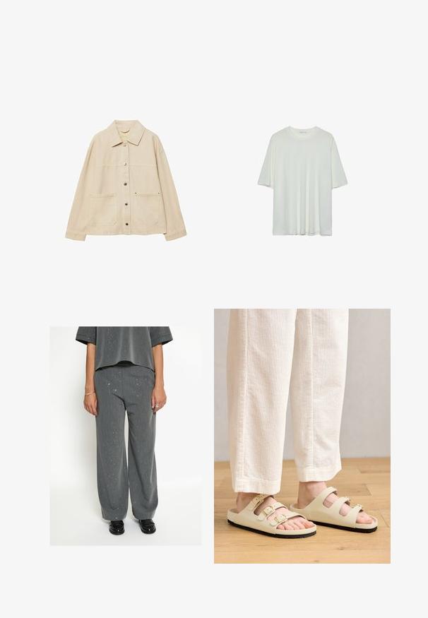 Giacca di jeans beige con colletto, chiusura con bottoni, due tasche frontali e dettagli di cucitura visibili. Vestibilità rilassata, maniche lunghe.; T-shirt bianco a maniche corte, colletto rotondo, tessuto misto cotone morbido, vestibilità rilassata, orlo senza cuciture, design minimalista senza decorazioni.; Persona che indossa pantaloni grigi a gamba larga e una maglietta coordinata a macchie, con mocassini neri, anelli d'argento e bracciale, in piedi su uno sfondo bianco.; Sandali beige chiari con tre cinturini regolabili con fibbie metalliche, una soletta imbottita e una suola in gomma nera.