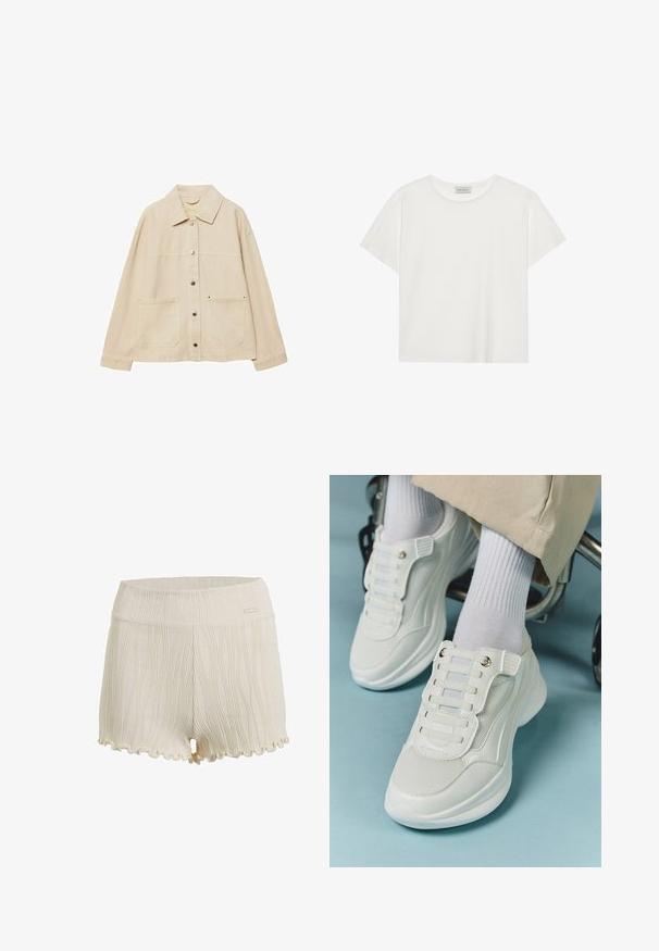 Giacca di jeans beige con colletto, chiusura con bottoni, due tasche frontali e dettagli di cucitura visibili. Vestibilità rilassata, maniche lunghe.; T-shirt bianco a maniche corte realizzato in morbido cotone. Presenta un collo rotondo e una vestibilità comoda. Design pulito senza modelli o dettagli visibili.; Pantaloni corti in cotone di colore avorio con linee verticali a rilievo, orlo scallop e una vita liscia con un piccolo accento logo.; Sneaker bianchi realizzati in materiale a rete, suola in gomma, design senza lacci con bande elastiche e dettagli in tonalità oro.