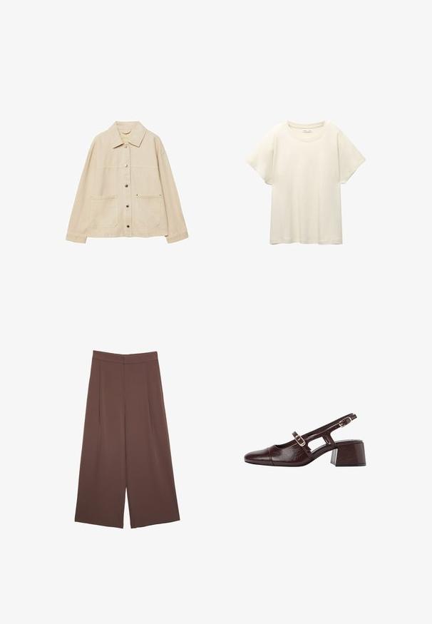 Beżowa kurtka dżinsowa z kołnierzykiem, zapięciem na guziki, dwoma przednimi kieszeniami i widocznymi detalami przeszycia. Luźny krój, długie rękawy.; Jasno beżowa, krótko rękawowa koszulka z okrągłym dekoltem, wykonana z miękkiego, gładkiego materiału. Posiada luźny krój i prosty dół.; Brązowe spodnie o szerokich nogawkach z gładką fakturą, z wysokim stanem i plisami z przodu. Materiał jest lekki i luźno opada.; Brązowe skórzane szpilki z odkrytym piętą, kwadratowym noskiem, wyciętymi bokami i słupkowym obcasem. Posiadają klamrę na pasku wokół kostki.