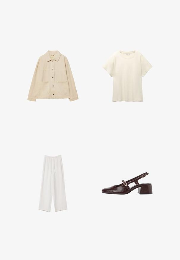 Beige denim takki, jossa on kauluskansi, napitus, kaksi etutaskua ja näkyvät ompeluyksityiskohdat. Rennon mallinen, pitkät hihat.; Vaaleanbeige lyhythihainen t-paita, jossa on pyöreä kaula-aukko, valmistettu pehmeästä ja sileästä kankaasta. Ominaisuuksina rento mitta ja suora helma.; Valkoiset leveälahkeiset housut kevyestä kankaasta. Ominaisuuksiin kuuluu elastinen vyötärö, jossa on nauhakuuluma ja sivutaskut. Sileä rakenne.; Ruske pu leather slingback pete s kvadratnim nožnim dijelom, izrezanim stranama i blok petom. Ima kopču na traku oko gležnja.
