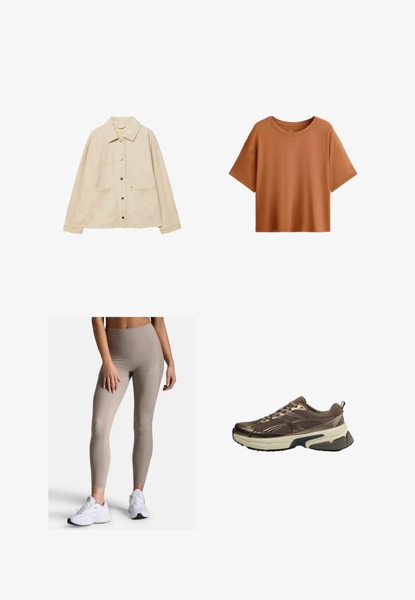 Beżowa kurtka dżinsowa z kołnierzykiem, zapięciem na guziki, dwoma przednimi kieszeniami i widocznymi detalami przeszycia. Luźny krój, długie rękawy.; T-shirt z krótkim rękawem o pudełkowym kroju w kolorze rdzy. Wykonany z gładkiego materiału, z szerokim dekoltem i luźnym fasonem, z czystym wykończeniem. ; Beżowe legginsy z wysokim stanem, z żeberkowym pasem, gładką teksturą i subtelnymi detalami szycia. Połączone z białymi butami sportowymi.; Brąski but sportowy z siateczkową górą, metalicznymi akcentami, grubą białą podeszwą środkową i teksturowaną czarną podeszwą. Posiada sznurówki i uchwyt.