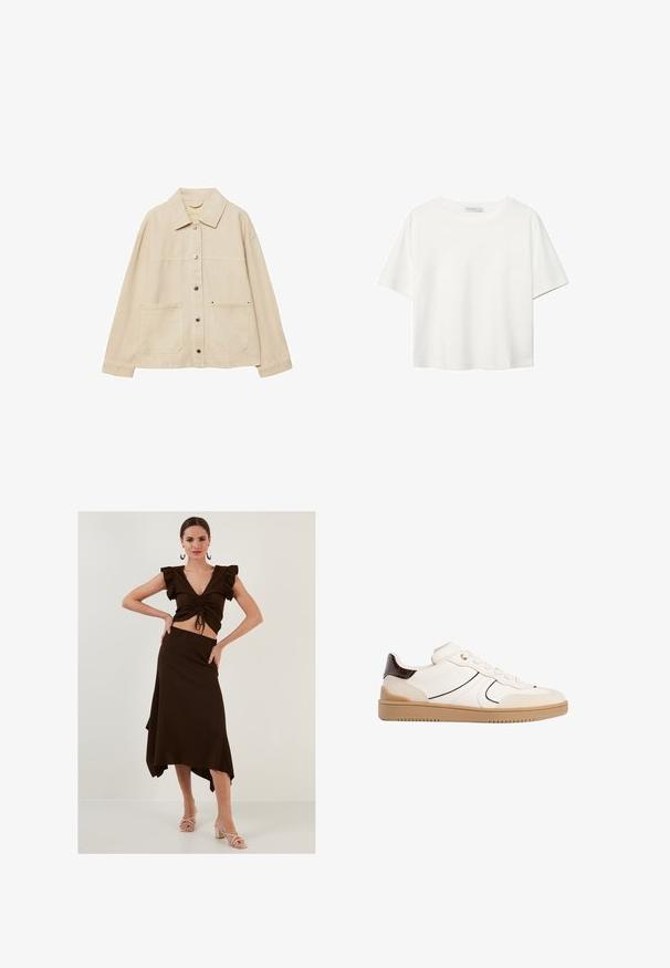 Bežna denim jakna z ovratnikom, gumbnim zapiranjem, dvema sprednjima žepoma in vidno šivanjem. Ohlapen kroj, dolgi rokavi.; Bela kratka majica s kratkimi rokavi iz bombaža. Ima okroglo izrezovanje in sproščen kroj. Gladka tekstura brez vidnih vzorcev ali poudarkov.; Rjav rebrast komplet, ki vključuje krajšo majico z nabranimi rokavi in visokim asimetričnim krilom. Gladka tekstura, prilegan dizajn.; Stradivarius Športni copati - white