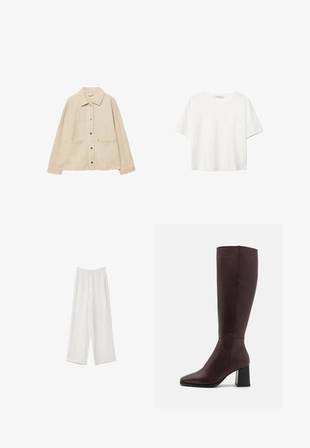 Beige denim takki, jossa on kauluskansi, napitus, kaksi etutaskua ja näkyvät ompeluyksityiskohdat. Rennon mallinen, pitkät hihat.; Valkoinen lyhythihainen T-paita, joka on tehty puuvillasta. Siinä on pyöreä kaula-aukko ja rento malli. Silkkinen pinta ilman näkyviä kuvioita tai koristeita.; Valkoiset leveälahkeiset housut kevyestä kankaasta. Ominaisuuksiin kuuluu elastinen vyötärö, jossa on nauhakuuluma ja sivutaskut. Sileä rakenne.; Zign LEATHER - Saappaat - bordeaux