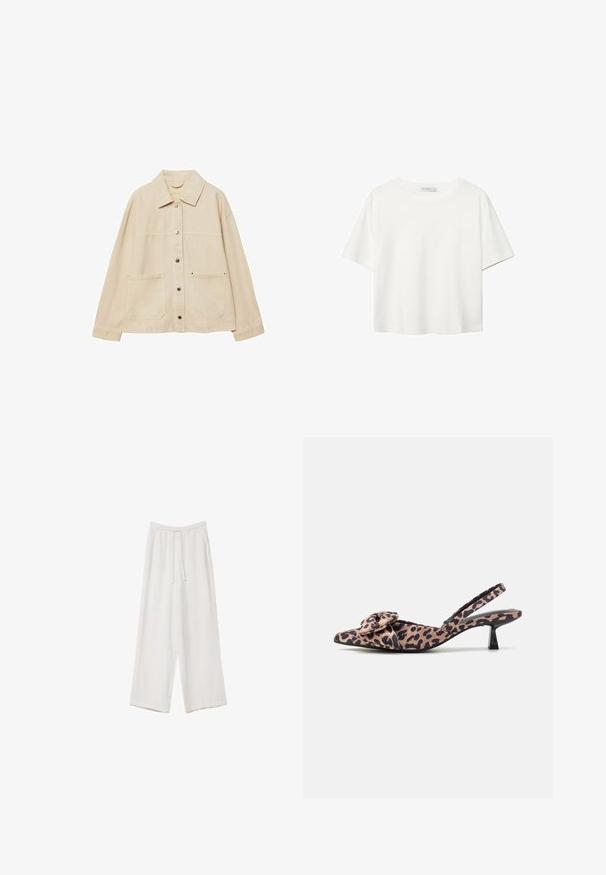 Bežová džínová bunda s golierom, zapínaním na gombíky, dvoma prednými vreckami a viditeľnými švovými detailmi. Voľný strih, dlhé rukávy.; Biela krátkopsová tričko vyrobené z bavlny. Má okrúhly výstrih a voľný strih. Hladká textúra bez viditeľných vzorov alebo akcentov.; Biele široké nohavice vyrobené z ľahkej tkaniny. Obsahujú elastický pás so sťahovacou šnúrkou a bočné vrecká. Hladká textúra.; Slingback lodičky s špicatou špičkou v leopardom vzore s mašľou, s nízkym čiernym opätkom a hladkým povrchom.