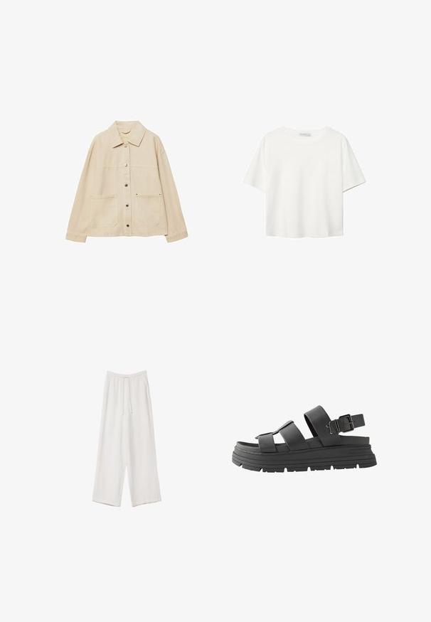 Beige denim jacket with a collared neck, button closure, two front pockets, and visible stitching details. Relaxed fit, long sleeves.; White short-sleeve t-shirt made of cotton. Features a crew neckline and a relaxed fit. Smooth texture with no visible patterns or accents.; White wide-leg trousers made from a lightweight fabric. Features an elastic waistband with a drawstring and side pockets. Smooth texture.; Black platform sandals featuring dual adjustable straps and a buckle. Made of smooth leather with a textured rubber sole.