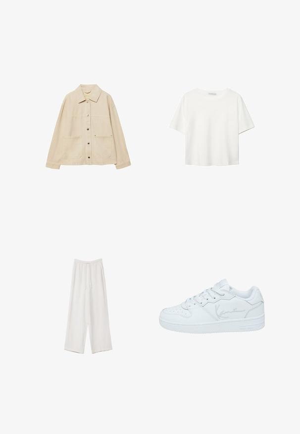 Bež traper jakna s izrezanom ovratnikom, zatvaranjem na gumbi, dva prednja džepa i vidljivim detaljima šivanja. Opusti fit, duži rukavi.; Bijela majica kratkih rukava od pamuka. Ima okrugli izrez i opušteni kroj. Glatka tekstura bez vidljivih uzoraka ili naglasaka.; Bijele hlače širokih nogavica napravljene od lagane tkanine. Imaju elastičan pojas s ušicom i bočne džepove. Glatka tekstura.; Bijela sneakersica od glatke kože s perforiranim prednjim dijelom, ravnim vezicama, utisnutim logotipom sa strane i debelim gumiranim potplatima.