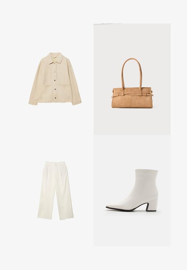 Bež traper jakna s izrezanom ovratnikom, zatvaranjem na gumbi, dva prednja džepa i vidljivim detaljima šivanja. Opusti fit, duži rukavi.; Bijela majica kratkih rukava od pamuka. Ima okrugli izrez i opušteni kroj. Glatka tekstura bez vidljivih uzoraka ili naglasaka.; Hlače širokih nogavica od kremaste tkanine s glatkom teksturom, s jednim prednjim gumbom, suptilnim plitvicama i visokim strukom.; RAID DELPHIE - Klasične gležnjače - white; Torbica od tan zamsha s dva dugačka ručka, pravokutnog oblika i dekorativnim šavovima. Ima bočni pojas i diskretne zlatne metalne akcenti.
