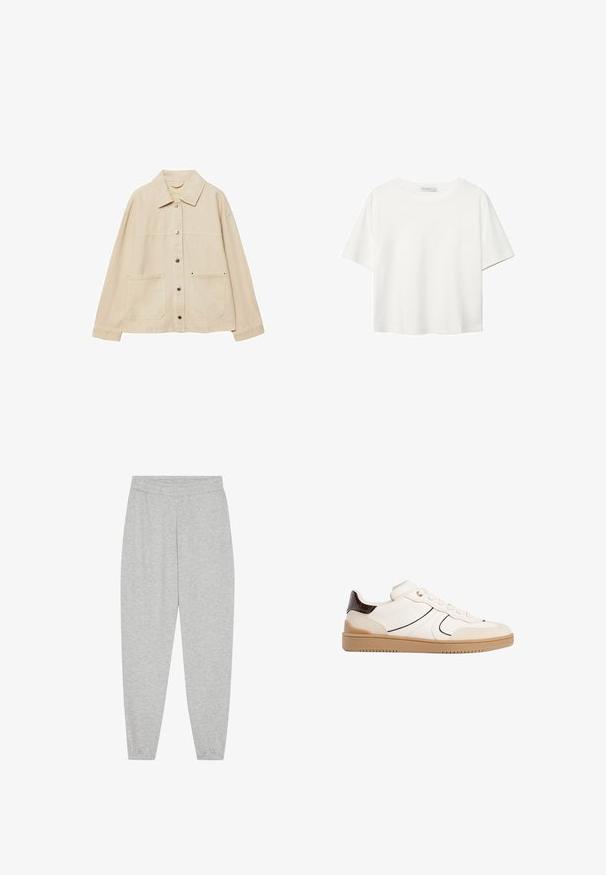 Beige denim jack met een kraag, knoopsluiting, twee voorzakken en zichtbare stiksels. Ontspannen pasvorm, lange mouwen.; Witte korte mouwen t-shirt van katoen. Heeft een ronde halslijn en een ontspannen pasvorm. Glad textuur zonder zichtbare patronen of accenten.; Lichtgrijze sweatpants gemaakt van een zachte katoenmix, met een elastische tailleband, dunne manchetten bij de enkels en zonder zichtbare zakken of patronen.; Stradivarius Sneakers laag - white