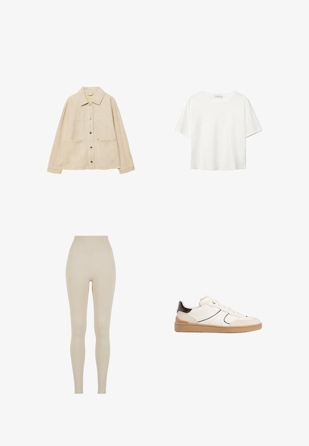 Beige Jeansjacke mit Kragen, Knopfverschluss, zwei Fronttaschen und sichtbaren Nähten. Entspannt geschnitten, mit langen Ärmeln.; Weißes T-Shirt mit kurzen Ärmeln aus Baumwolle. Hat einen Rundhalsausschnitt und eine lockere Passform. Glatte Textur ohne sichtbare Muster oder Akzente.; Beige Leggings aus dehnbarem Stoff mit hohem Bund; glatte Textur, figurbetonte Silhouette, keine sichtbaren Muster oder Hardware-Details.; Stradivarius Sneaker low - white