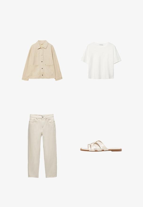Beige džínová bunda s límečkem, zapínáním na knoflíky, dvěma předními kapsami a viditelnými švy. Uvolněný střih, dlouhé rukávy.; Bílý krátký rukáv tričko vyrobené z bavlny. Má kulatý výstřih a volný střih. Hladký materiál bez viditelných vzorů nebo akcentů.; Bílé džínové kalhoty s uvolněným střihem, rovné nohavice, pět kapes a kovové detaily s jemnou texturou.; Ploché sandály s hnědou gumovou podrážkou, navržené se třemi překrývajícími se bílými koženými řemínky a malým mašlí uprostřed.