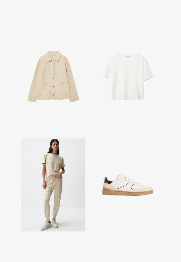 Beige Jeansjacke mit Kragen, Knopfverschluss, zwei Fronttaschen und sichtbaren Nähten. Entspannt geschnitten, mit langen Ärmeln.; Weißes T-Shirt mit kurzen Ärmeln aus Baumwolle. Hat einen Rundhalsausschnitt und eine lockere Passform. Glatte Textur ohne sichtbare Muster oder Akzente.; Beiges Loungewear-Set mit einem kurzärmligen Oberteil mit Nahtdetail und locker sitzenden Hosen mit elastischem Bund und schmal zulaufenden Bündchen.; Stradivarius Sneaker low - white