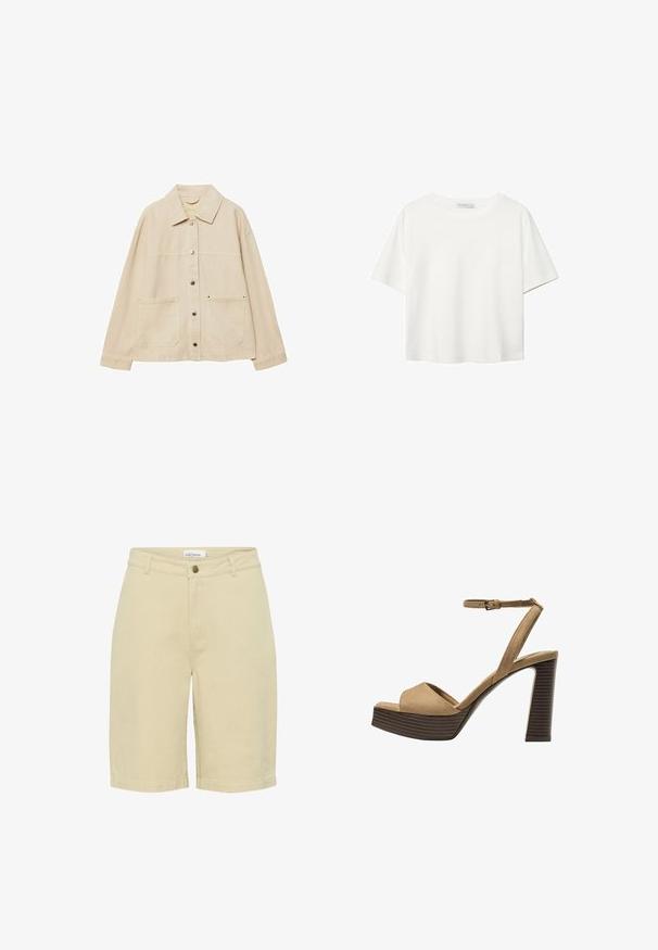 Bež traper jakna s izrezanom ovratnikom, zatvaranjem na gumbi, dva prednja džepa i vidljivim detaljima šivanja. Opusti fit, duži rukavi.; Bijela majica kratkih rukava od pamuka. Ima okrugli izrez i opušteni kroj. Glatka tekstura bez vidljivih uzoraka ili naglasaka.; Kratke hlače do koljena izrađene od svijetlosmeđeg pamuka. Imaju prednje zatvaranje na gumb, petlje za remen i bočne džepove s glatkom teksturom.; Beige suedirane sandale s visokim potpeticama, širokom prednjom trakom i trakicom oko gležnja, s debelom drvenom blok-potpeticom s teksturiranim završetkom.