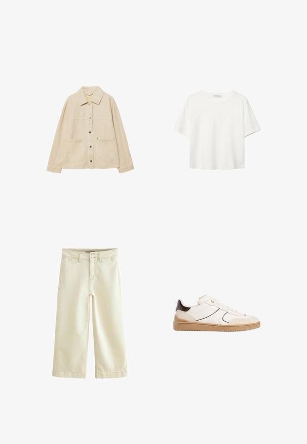 Beige denim jacket with a collared neck, button closure, two front pockets, and visible stitching details. Relaxed fit, long sleeves.; White short-sleeve t-shirt made of cotton. Features a crew neckline and a relaxed fit. Smooth texture with no visible patterns or accents.; Cream-colored cropped pants made of denim with a slightly textured finish. Features a standard waistband with two button closure and five pockets.; Stradivarius Trainers - white