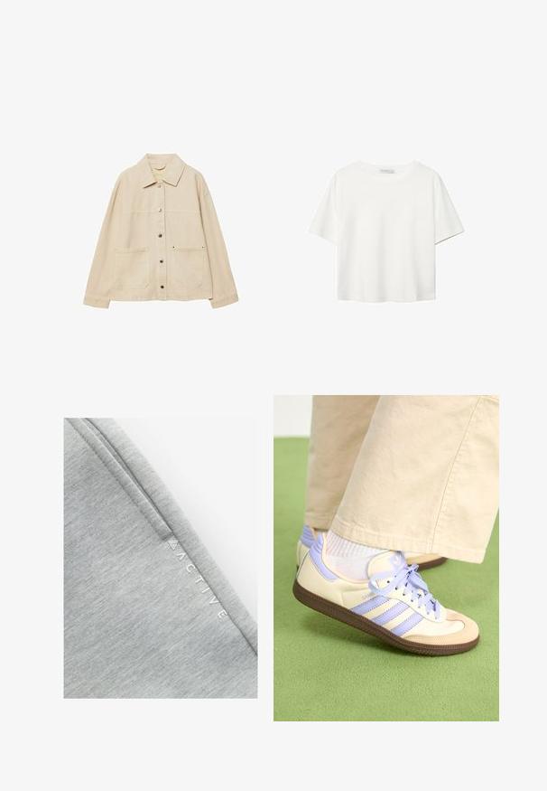 Beige Jeansjacke mit Kragen, Knopfverschluss, zwei Fronttaschen und sichtbaren Nähten. Entspannt geschnitten, mit langen Ärmeln.; Weißes T-Shirt mit kurzen Ärmeln aus Baumwolle. Hat einen Rundhalsausschnitt und eine lockere Passform. Glatte Textur ohne sichtbare Muster oder Akzente.; Grauer Sportstoff mit einer glatten, strukturierten Oberfläche und einem dezenten melierten Muster. Das Wort "ACTIVE" ist in Weiß an der Seite aufgedruckt.; Cremefarbene und lavendelfarbene Sneakers mit drei Streifen und einer strukturierten braunen Sohle, ausgestattet mit Schnürsenkeln und einer gepolsterten Ferse. Obermaterial aus weichem Stoff.