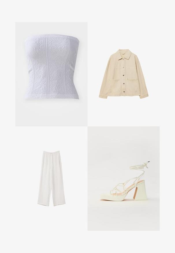 Bež traper jakna s izrezanom ovratnikom, zatvaranjem na gumbi, dva prednja džepa i vidljivim detaljima šivanja. Opusti fit, duži rukavi.; Bijela strapless majica s teksturama, koja sadrži rebraste detalje i cvjetne uzorke, prikazujući prilagođeni kroj.; Bijele hlače širokih nogavica napravljene od lagane tkanine. Imaju elastičan pojas s ušicom i bočne džepove. Glatka tekstura.; Bijela sandala na visokoj potpetici s debelim petom, s remenom i vezanjem oko gležnja. Glatka tekstura s platformom sprijeda za dodatnu visinu.