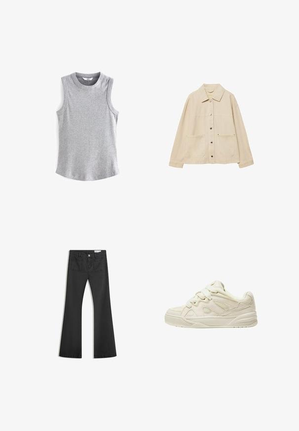 Beige denim jacket with a collared neck, button closure, two front pockets, and visible stitching details. Relaxed fit, long sleeves.; Next RACER STANDARD - Top - grey marl; Black flared jeans made of denim with a smooth texture, featuring two back pockets and a button closure at the waist.; Beige sneakers with a textured upper, prominent laces, mesh panels, and a thick sole. Curved design with a padded collar for comfort.
