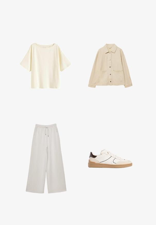 Beige denimjakke med krave, knaplukning, to forlommer og synlige syninger. Løs pasform, lange ærmer.; Creme bomulds T-shirt, cropped design, brede korte ærmer, rund halsudskæring, ensfarvet med glat tekstur, ingen synlige mønstre eller accenter.; Lys grå brede bukser lavet af blødt stof med elastisk talje, justerbar snøre og sidelommer. Glat tekstur hele vejen igennem.; Stradivarius Sneakers - white