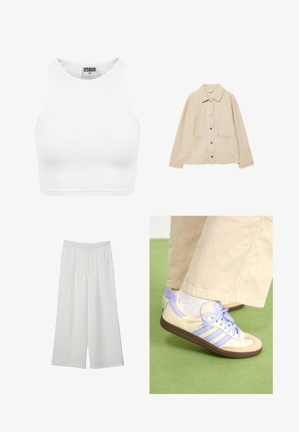 Beige denim takki, jossa on kauluskansi, napitus, kaksi etutaskua ja näkyvät ompeluyksityiskohdat. Rennon mallinen, pitkät hihat.; Valkoinen ribattuja crop-top, jossa on korkea kaula-aukko ja hihaton muotoilu. Valmistettu pehmeästä, joustavasta kankaasta, joka takaa mukavan istuvuuden.; Valkoiset leveälahkeiset housut, jotka on valmistettu kevyestä kankaasta. Niissä on joustava vyötärö ja nauha säädettävää istuvuutta varten. Sileä pinta.; Kermasilta ja laventelilta näyttävät lenkkarit kolmella raidalla ja teksturoidulla ruskealla pohjalla, varustettuna nauhoilla ja pehmustetulla kantapäällä. Pehmeä kangaspinta.