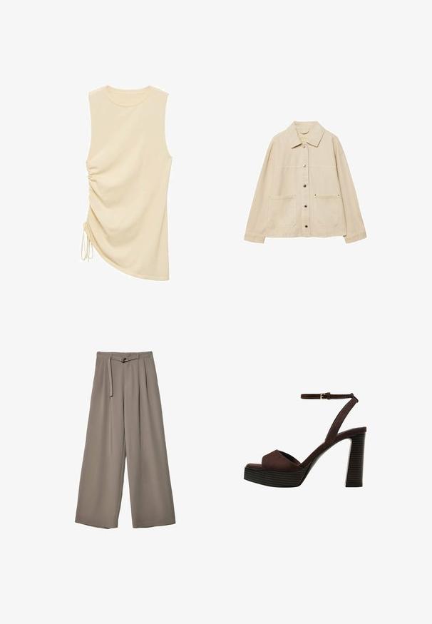 Beige denim jacket with a collared neck, button closure, two front pockets, and visible stitching details. Relaxed fit, long sleeves.; Mango GUILLEM - Top - off-white; Wide-leg trousers in a soft, muted grey fabric, featuring a belted waist and pleats for added design detail. Smooth texture, no patterns.; Brown suede high-heeled sandal with an open toe, adjustable ankle strap, and a striped platform sole.