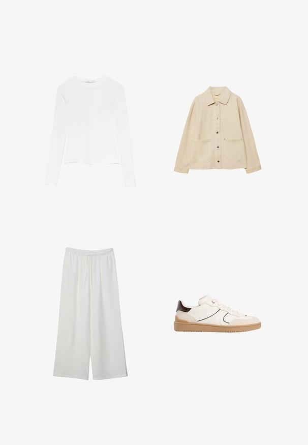 Bežová džínová bunda s golierom, zapínaním na gombíky, dvoma prednými vreckami a viditeľnými švovými detailmi. Voľný strih, dlhé rukávy.; Biely top s dlhým rukávom a okrúhlym výstrihom. Má priliehavý strih, hladkú textúru tkaniny a mierne skrátený lem.; Biele široké nohavice z ľahkého materiálu s elastickým pásom a šnúrkou na nastavenie veľkosti. Hladká textúra.; Stradivarius Tenisky - white