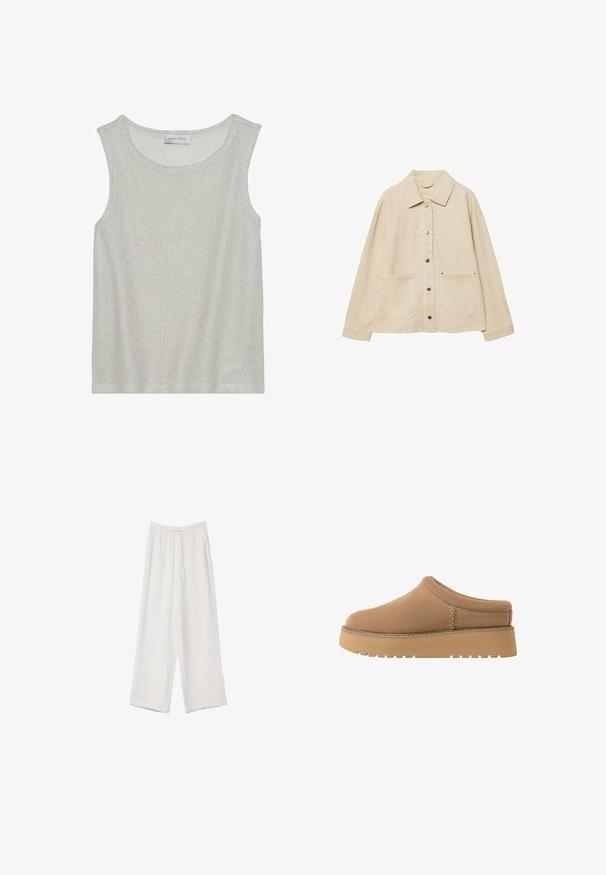 Beig denimjacka med krage, knäppning fram, två framfickor och synliga sömdetaljer. Avslappnad passform, långa ärmar.; Ljusgrå ärmlös topp i mjukt, texturerat stickat tyg. Har en rund halsringning och en lös passform. Etiketten inuti läser "ANNA FIELD".; Vita vida byxor i vid passform gjorda av ett lättviktsmaterial. Har en elastisk midja med dragsko och sidofickor. Slät textur.; Bruna slip-on-skor med en mjuk textur, rund tå och en tjock, räfflad sula. Har subtila sömmar på sidan.