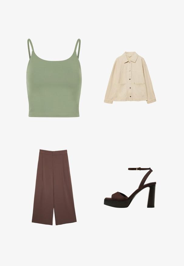 Beige Jeansjacke mit Kragen, Knopfverschluss, zwei Fronttaschen und sichtbaren Nähten. Entspannt geschnitten, mit langen Ärmeln.; Olivgrünes, figurbetontes Spaghettiträgershirt mit dünnen Trägern, glatter Oberfläche und rundem Ausschnitt, entworfen für Komfort und zum Schichten.; Braune Weite-Leg-Hosen mit einer glatten Textur, hoher Taille und Vorderfalten. Der Stoff ist leicht und fällt locker.; Braune Wildleder-Pumps mit offenem Zeh, verstellbarem Knöchelriemen und gestreiftem Plateausohlen.