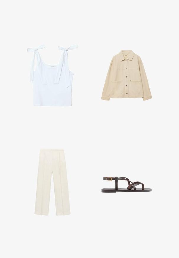 Beige Jeansjacke mit Kragen, Knopfverschluss, zwei Fronttaschen und sichtbaren Nähten. Entspannt geschnitten, mit langen Ärmeln.; Weißes Baumwoll-Top mit zwei Bindeträgern, rundem Ausschnitt und taillierter Passform, mit einer weichen, glatten Textur.; Weit geschnittene Hosen in einem hellen cremefarbenen Farbton. Hergestellt aus einem glatten Stoff mit Falten an der Vorderseite und seitlichen Taschen.; Braune Leder-Sandale mit überkreuzten Riemen, einem Knöchelriemen mit Schnalle und einer flachen Sohle mit minimalen Nähdetails.
