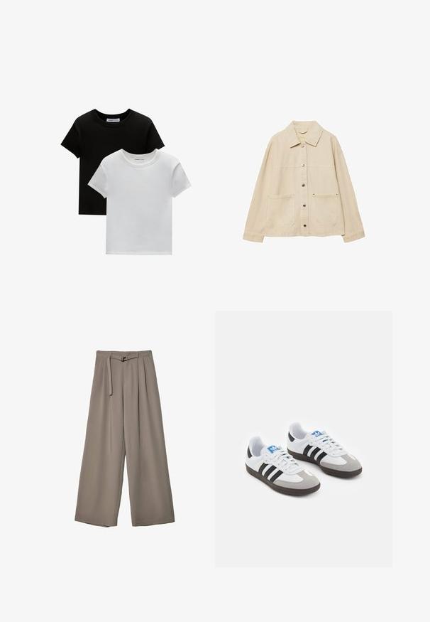 Giacca di jeans beige con colletto, chiusura con bottoni, due tasche frontali e dettagli di cucitura visibili. Vestibilità rilassata, maniche lunghe.; Due magliette a girocollo, in nero e bianco, realizzate in cotone. Presentano maniche corte e un design a tinta unita, senza fantasie né accenti.; Pantaloni a gamba larga in un morbido tessuto grigio tenue, con vita con cintura e pieghe per un tocco di design aggiuntivo. Texture liscia, senza motivi.; Scarpe sportive con tomaia in pelle bianca, punta in suede grigia e tre strisce nere. Presentano un logo blu sulla linguetta e una suola in gomma testurizzata.