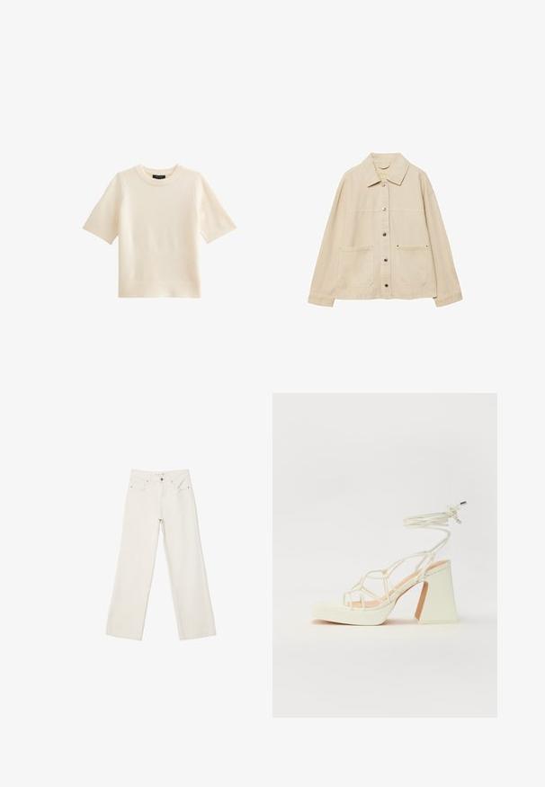 Beige Jeansjacke mit Kragen, Knopfverschluss, zwei Fronttaschen und sichtbaren Nähten. Entspannt geschnitten, mit langen Ärmeln.; Kurzarmpullover in Creme aus weichem Material, mit Rundhalsausschnitt, geripptem Saum und glatter Textur im minimalistischen Design.; Weiße lässige Jeans aus Denim mit hochgeschnittenem Bund, Fronttaschen und Knopfverschluss. Schlichtes Design mit minimalen Akzenten.; Weiße High-Heel-Sandale mit einem klobigen Absatz, die über ein Riemchendesign und ein Knöchelband verfügt. Glatte Textur mit einer Plattform vorne für zusätzliche Höhe.