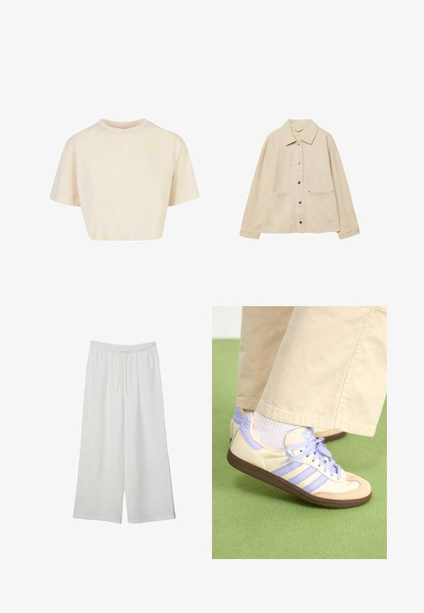 Beige denimjakke med krave, knaplukning, to forlommer og synlige syninger. Løs pasform, lange ærmer.; Kortærmet t-shirt lavet af blødt stof, med runde halsudskæring og en lys beige farve med en glat tekstur.; Hvide vidde bukser lavet af letvægtsstof, med en elastisk talje og snøre for justerbar pasform. Glat tekstur.; Creme og lavendel sneakers med tre striber og en tekstureret brun sål, der har snørebånd og en polstret hæl. Blødt stof øvre.