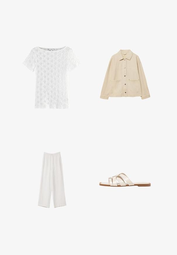 Beige denimjakke med krave, knaplukning, to forlommer og synlige syninger. Løs pasform, lange ærmer.; Hvid kortærmet top lavet af blonder, med en rund halsudskæring og mønstret tekstur med åben vævning.; Hvide bukser med bred benlængde lavet af et letvægtsstof. Har et elastisk talje med snor og sidelommer. Glat tekstur.; Flade sandaler med en lys gummisål, designet med tre overlappende hvide læderremme og en lille sløjfe detalje i midten.