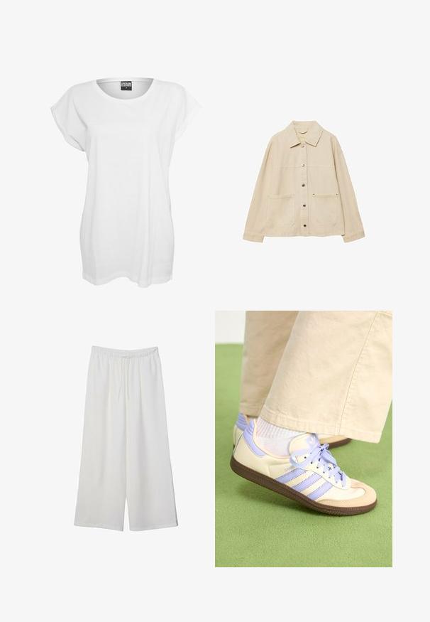 Beige denimjakke med krave, knaplukning, to forlommer og synlige syninger. Løs pasform, lange ærmer.; Hvid kortærmet t-shirt lavet af bomuld, med en afslappet pasform, bred halsudskæring og minimalistisk design uden mønstre eller accenter.; Hvide vidde bukser lavet af letvægtsstof, med en elastisk talje og snøre for justerbar pasform. Glat tekstur.; Creme og lavendel sneakers med tre striber og en tekstureret brun sål, der har snørebånd og en polstret hæl. Blødt stof øvre.