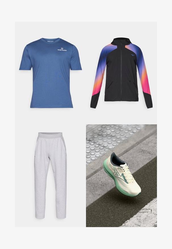 Crna lagana jakna s gradijent dizajnom u ljubičastoj, narančastoj i ružičastoj boji. Ima zatvarač, kapuljaču i dva prednja džepa.; Plava majica s kratkim rukavima od glatkog materijala. Ima okrugli izrez i mali bijeli logo na gornjoj lijevoj strani.; Svijetlosive trenirke izrađene od mekog materijala, s elastičnom utakmicom, dva bočna džepa i suženim nogavicama s manžetom.; Lagani trkački tenisice u krem i mint zelenoj boji. Imaju teksturirani gornji dio, amortiziranu đon i sistem vezanja za sigurnije prianjanje.